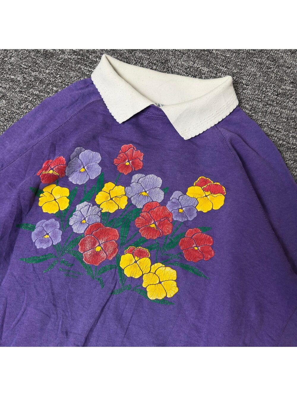 Morning Sun Pansy Floral Collared Sweatshirt Purple L Boho